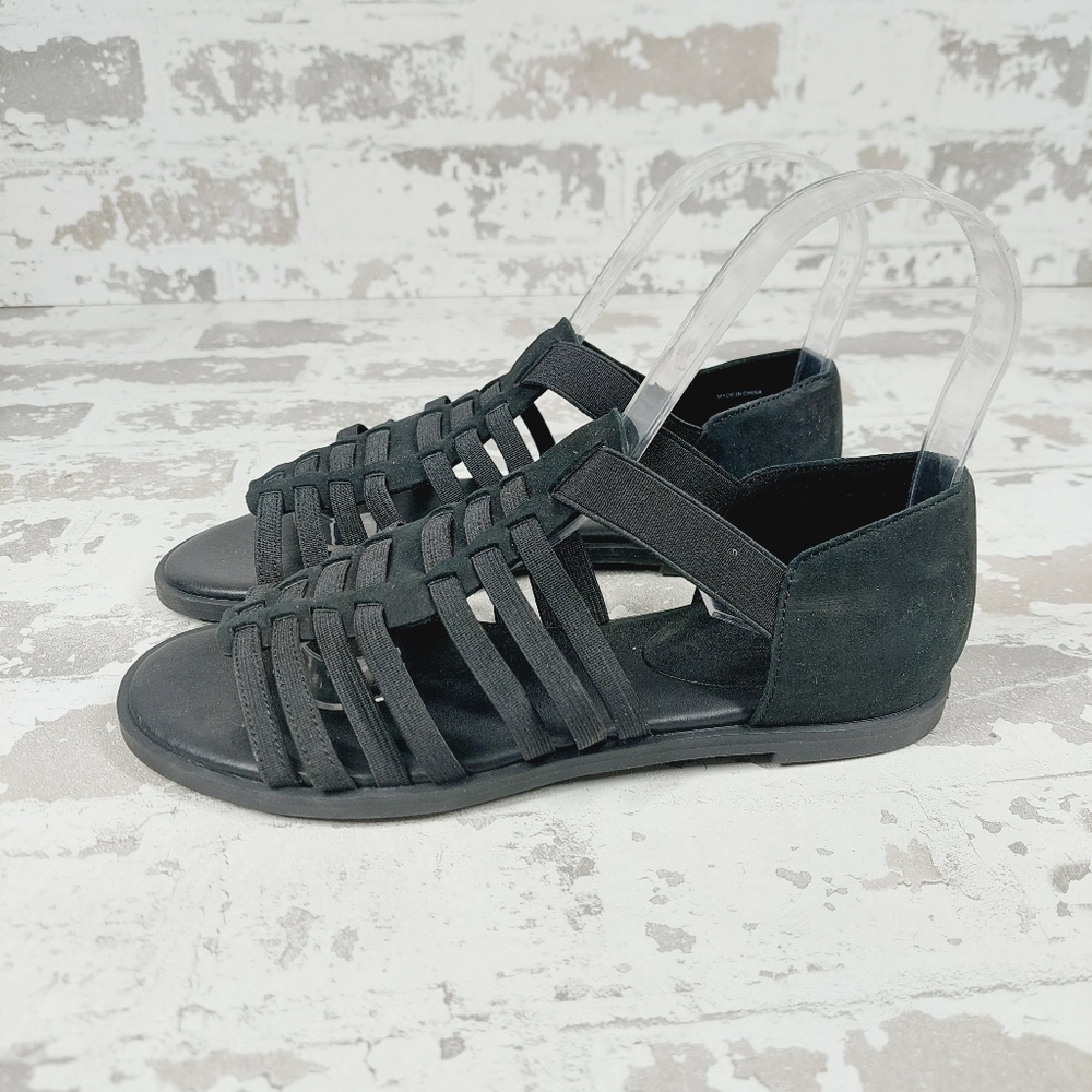 New Eileen Fisher Rato Black Suede Leather Elastic Casual Gladiator Sandals C682